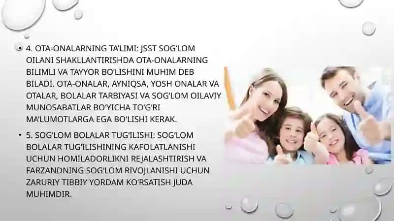 JSST(VOZ) ning sog‘lom oilani shakllantirishdagi 5 ta asosi. Erta yoshdagi va katta yoshli ayollardagi tug‘ruqlar. Qarindoshlar o‘rtasidagi nikox va  uning asoratlari.. 3