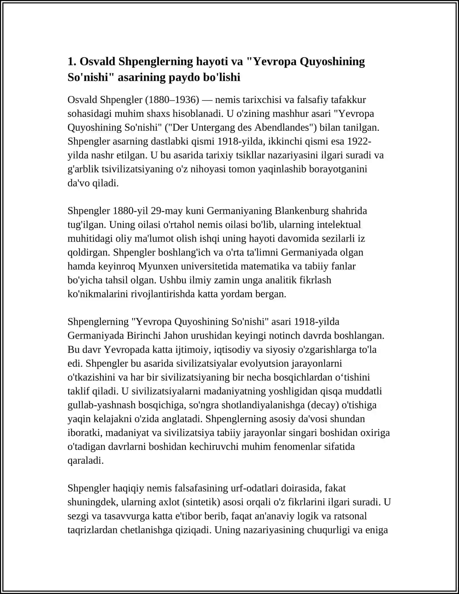 OSVALD SHPENGLER " YEVROPA QUYOSHINING SO'NISHI" ASARI 3
