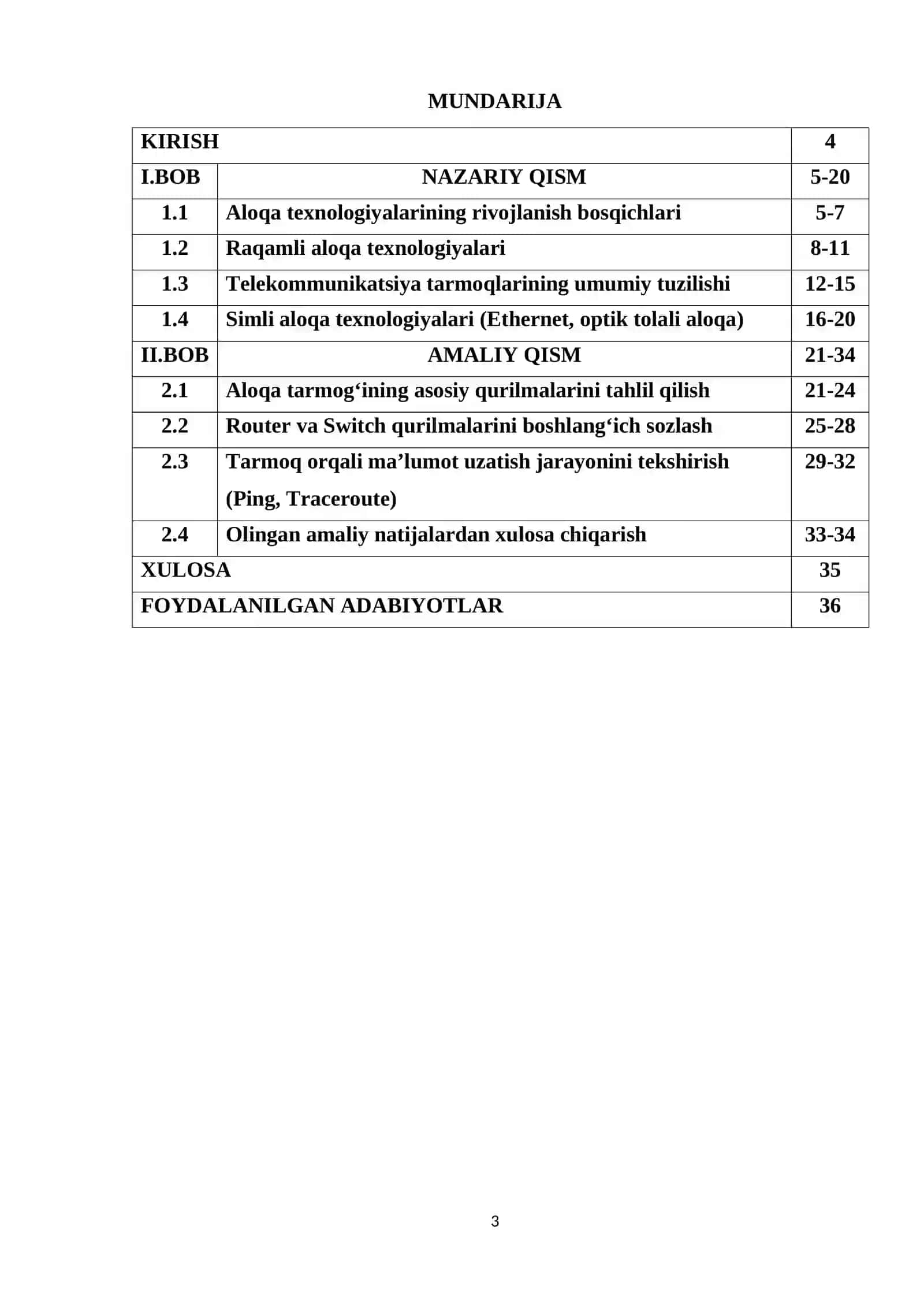 ALOQA TEXNOLOGIYALARI VA TARMOQLAR KURS ISHI ISHIGA HISOBOT YOZUVI 3