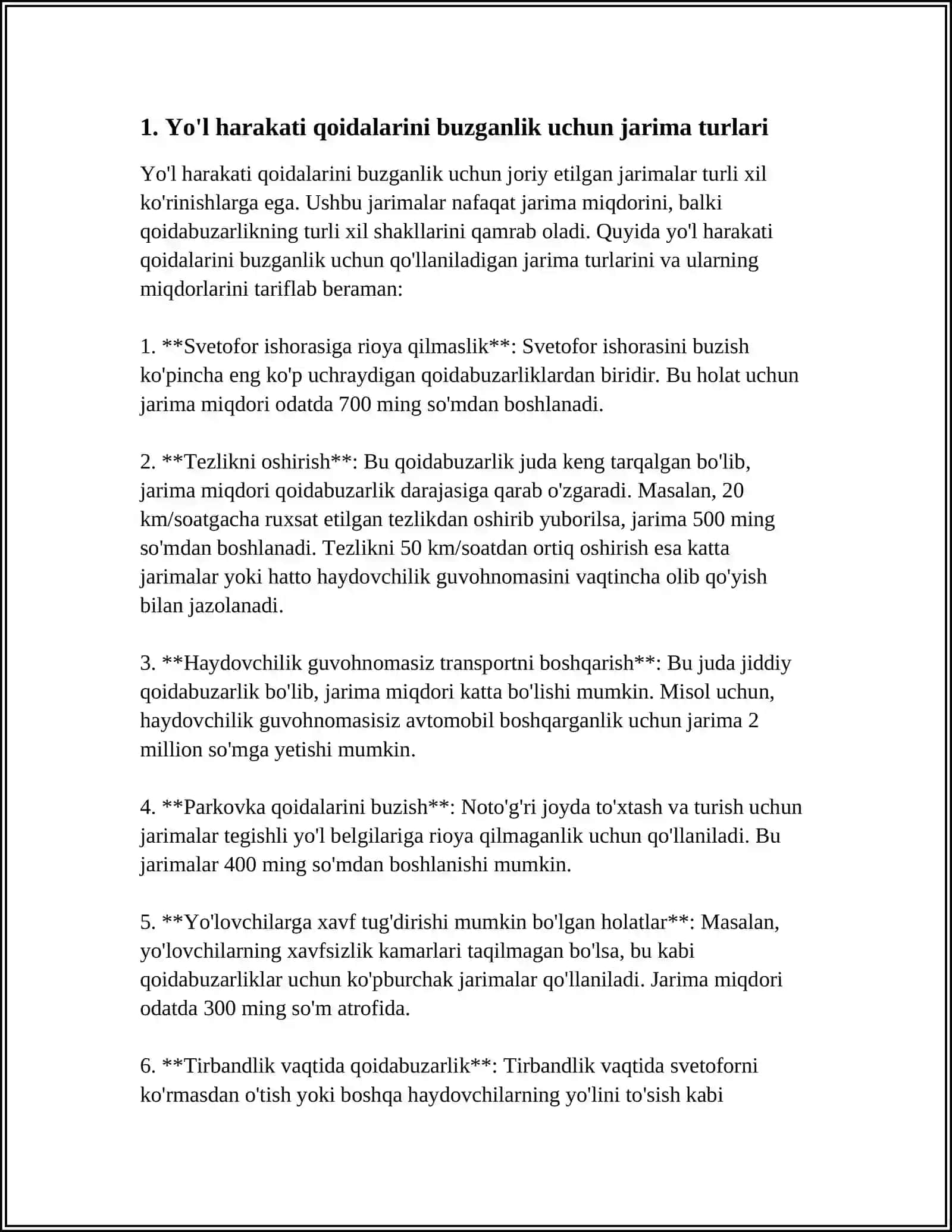 Yoʻl harakati qoidalarini buzganlik uchun mamuriy javobgarlik 3