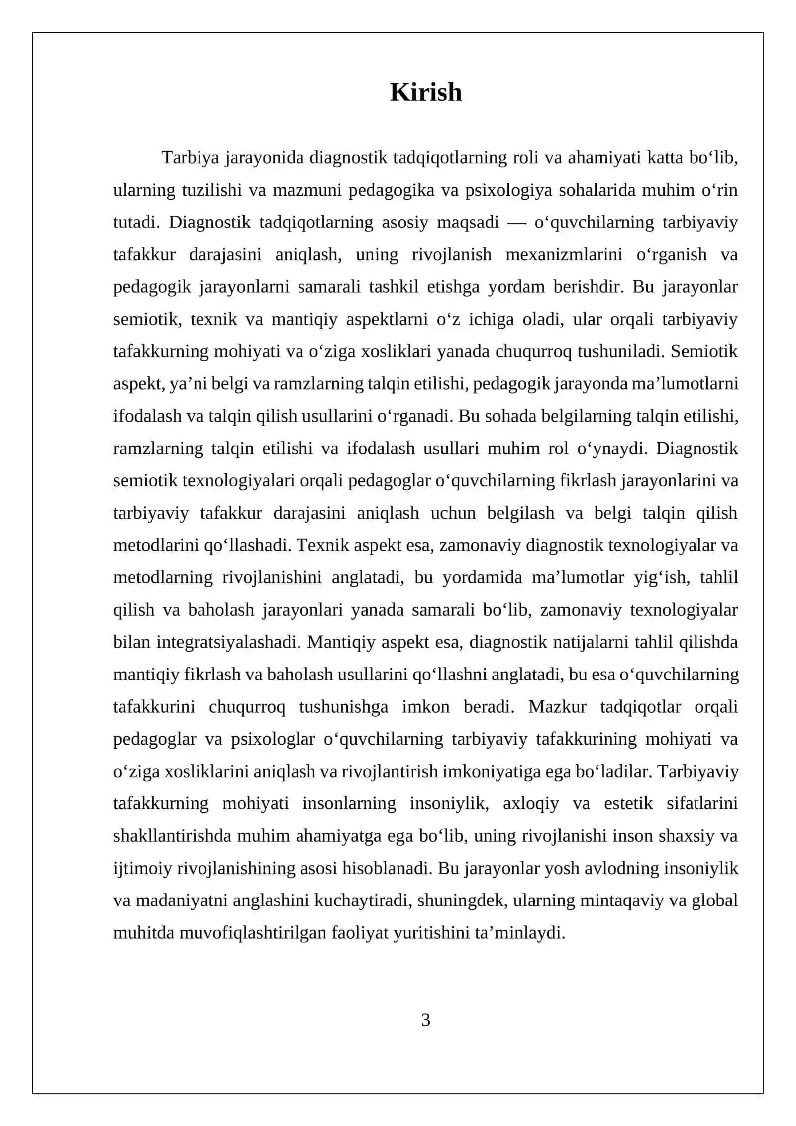 DIAGNOSTIK TADQIDOTLARNING TUZILISHI:DIAGNOSTIK TADQIDOTLARNING SEMIOTIK.TEXNIK VA MANTIQIY. ASPEKTLARI; TARBIYAVIY TAFAKKURNING MOHIYATI VA OʻZIGA XOSLIKLARI 3