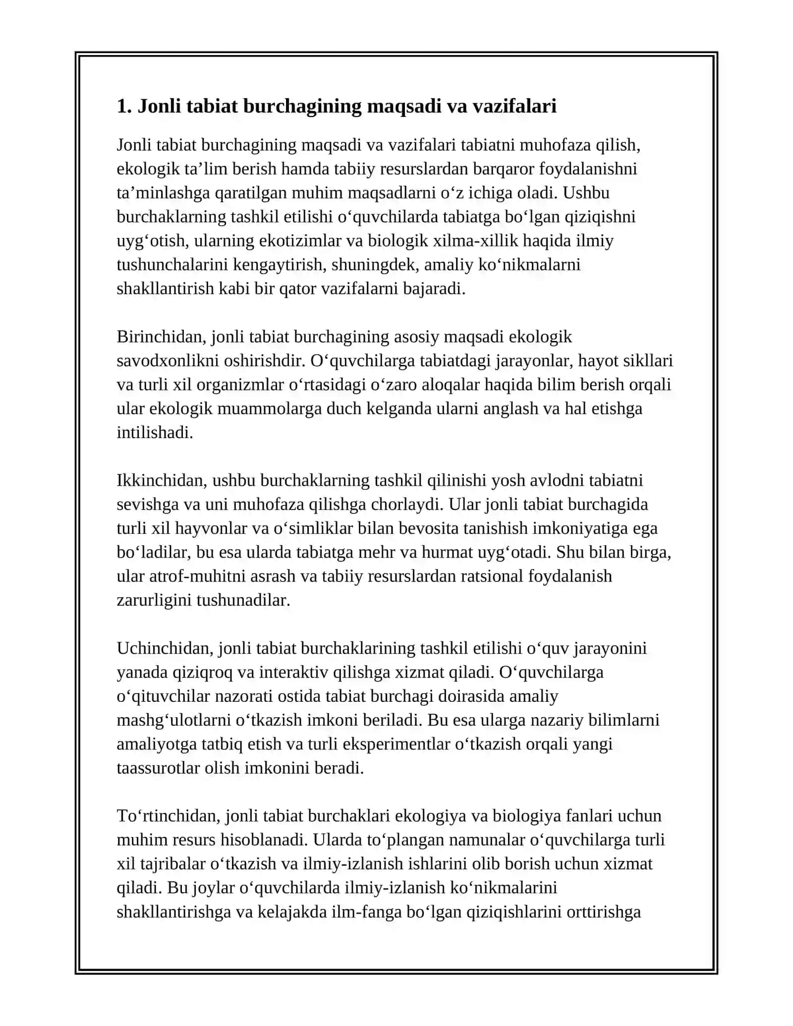 JONLI TABIAT BURCHAGI, OʻQUV TAJRIBA UCHASTKASI VA ULARNI TASHKIL ETISH 3