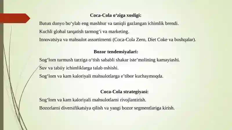Coca-Cola brendi raqobat muhiti, maqsadli auditoriyasi va pozitsiyasi tahlili 3