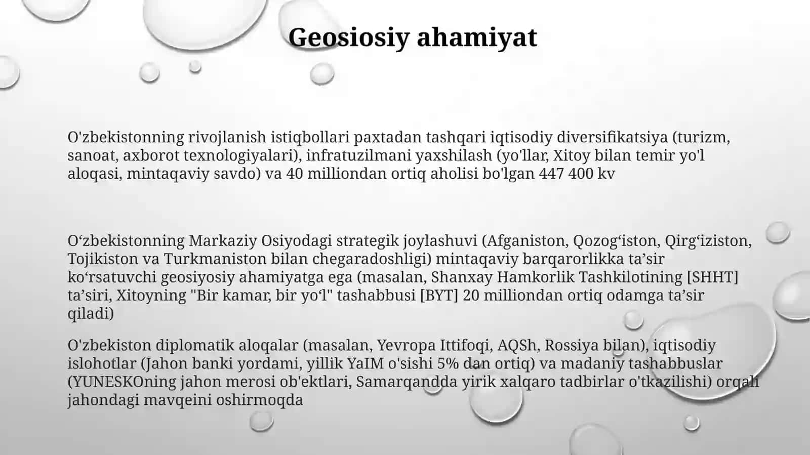 O'zbekiston Respublikasining jahon hamjamiyatida tutgan o'rni va rivojlanish istiqbollari 3