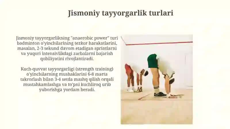 Badminton o‘yinida tayyorgarlik turlarining o‘rni va ahamiyati 3