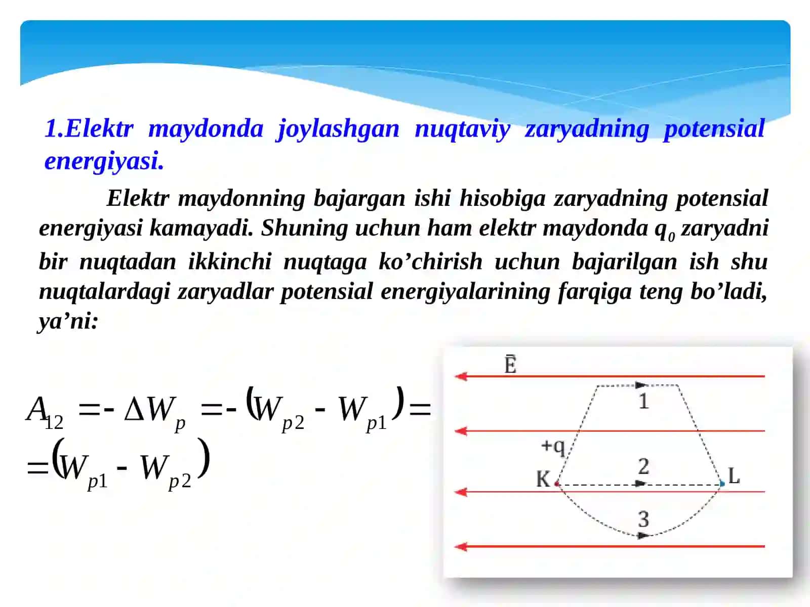 ELEKTR MAYDONDA JOYLASHGAN NUQTAVIY ZARYADNING POTENSIAL ENERGIYASI 3