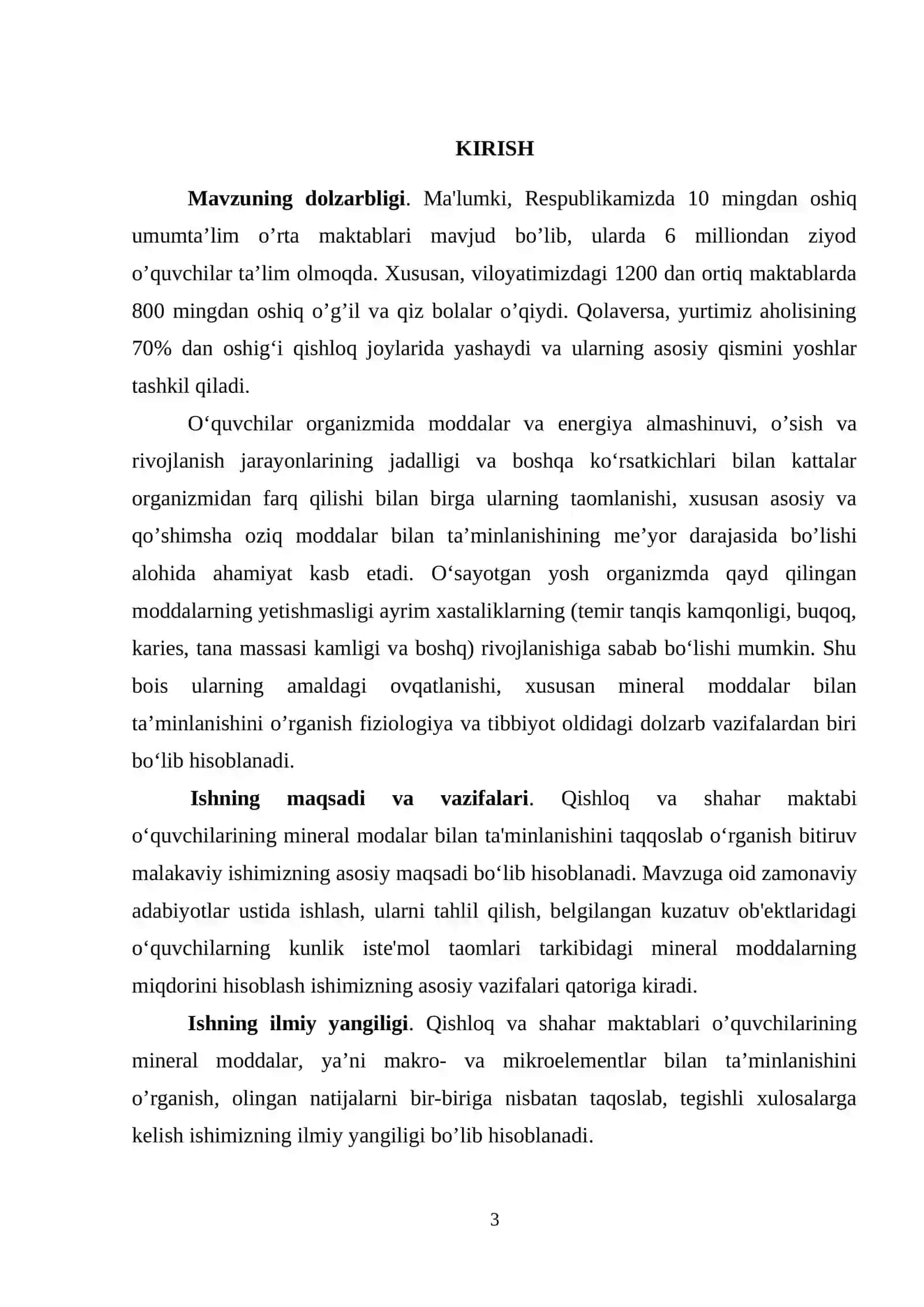 Qishloq va shahar o'quvchilari amaldagi ovqatlanishining qiyosiy xarakteristikasi (mineral moddalar misolida) BITIRUV MALAKAVIY ISHI 3