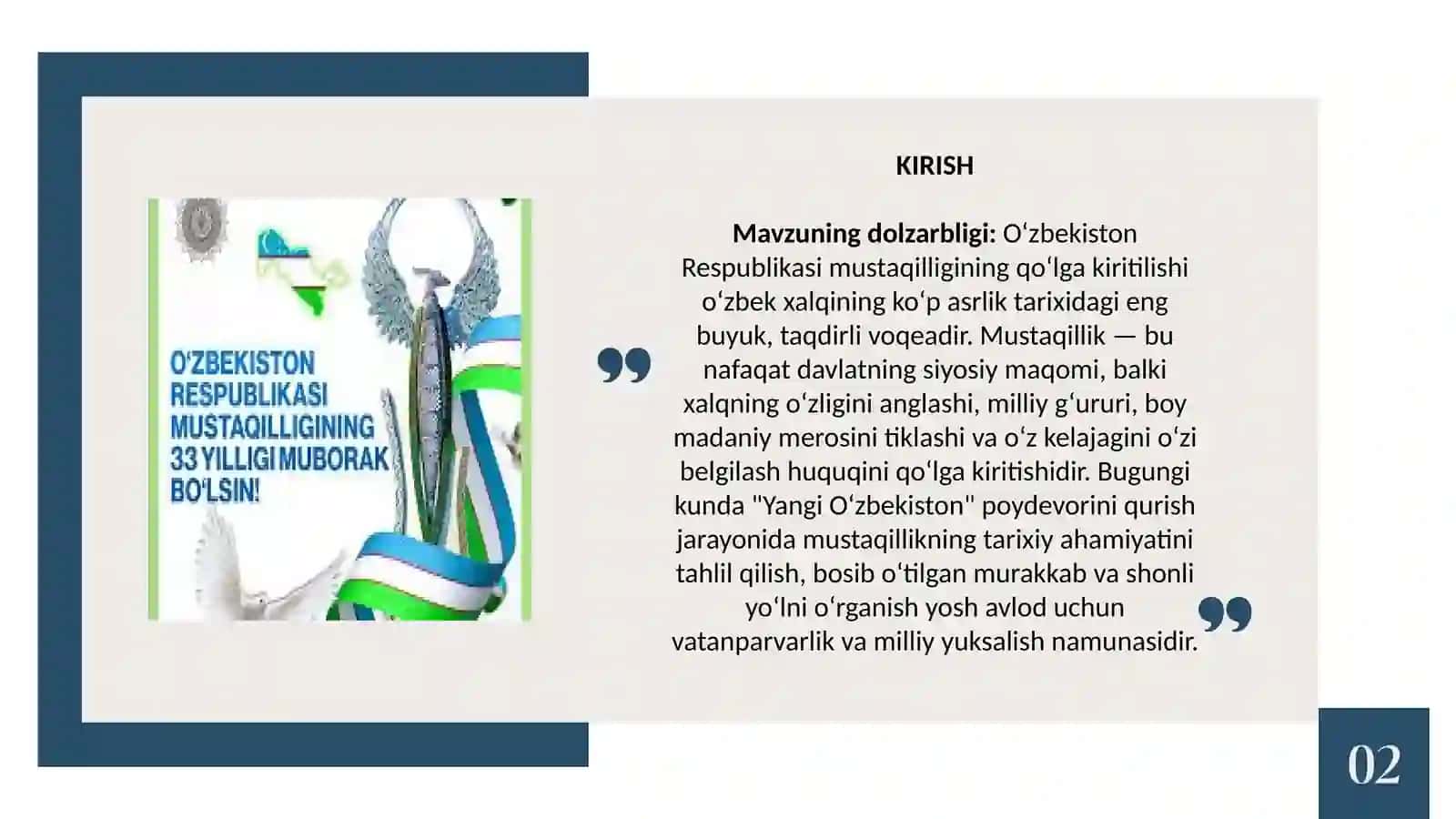 Mustaqil O`zbekiston Respublikasi tashkil topishining tarixiy ahamiyatii. O`zbekistonning o`ziga xos istiqlol va taraqqiyot yo`li 3