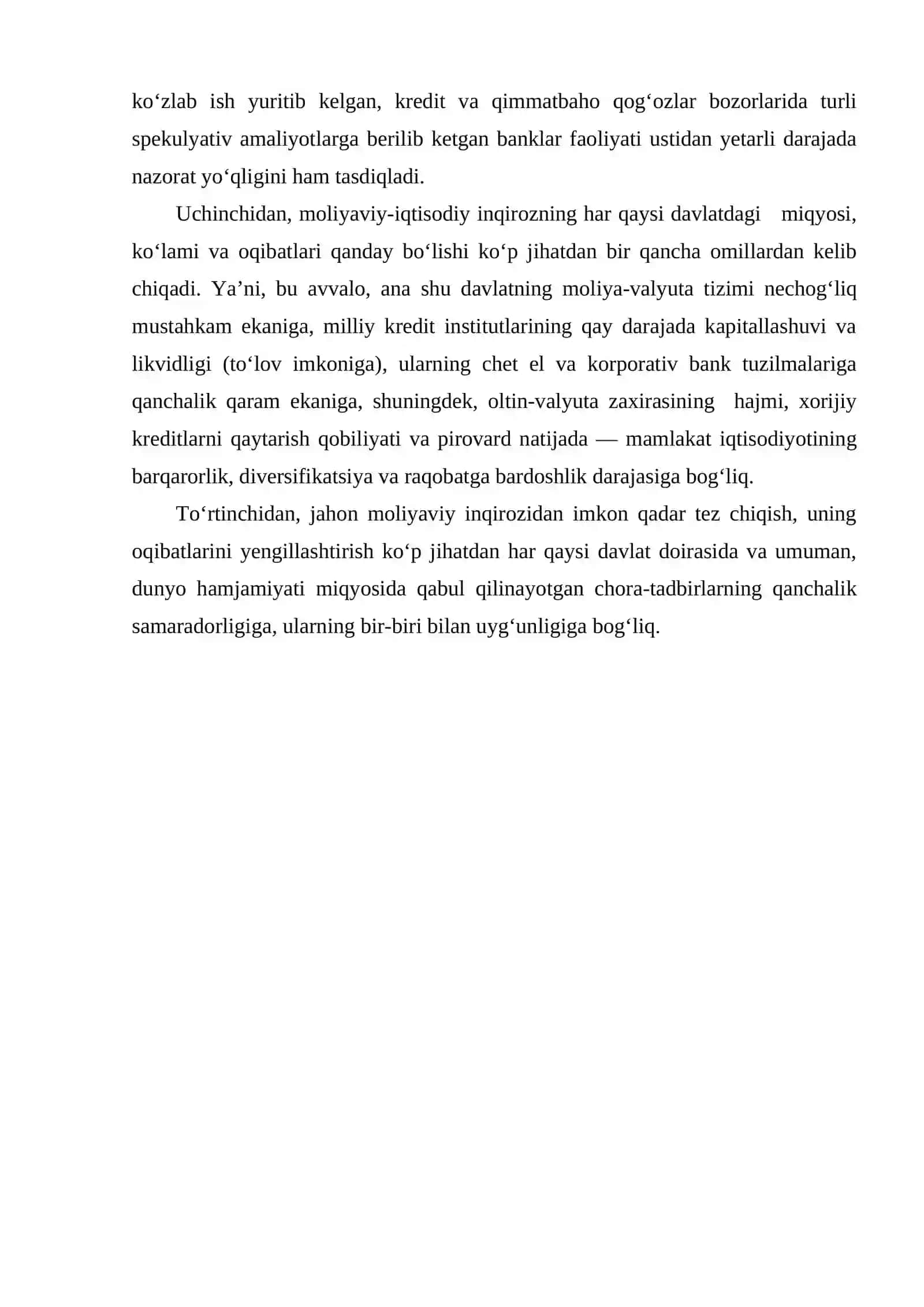 JAHON MOLIYAVIY-IQTISODIY INQIROZI, O‘ZBEKISTON SHAROITIDA UNI BARTARAF ETISHNING YO‘LLARI VA CHORALARI 3