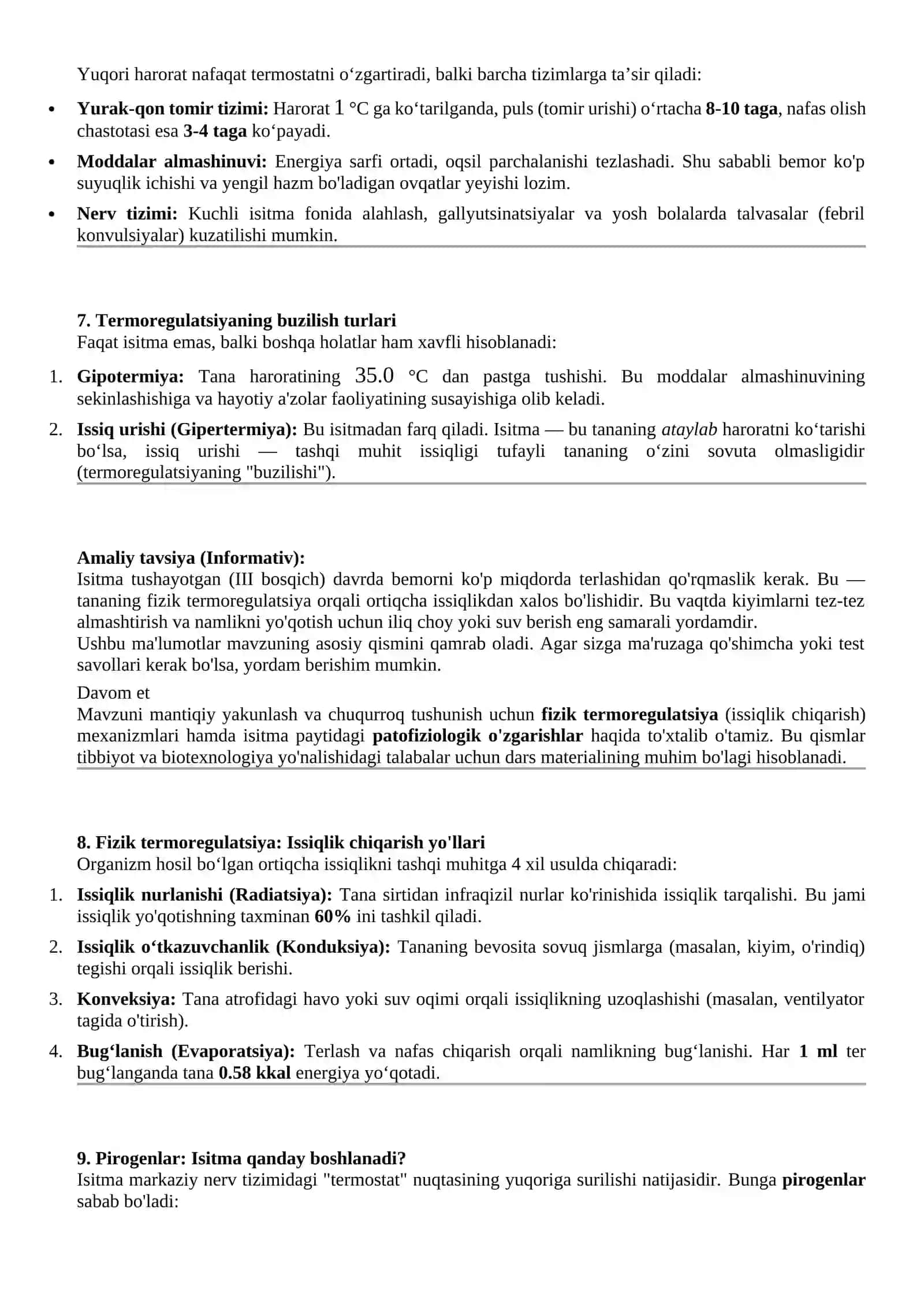 Termoregulatsiya-tana haroratining boshqarilishi. Energiyaning hosil bo`lishi. isitma va uning sabablari. bosqichlari 3