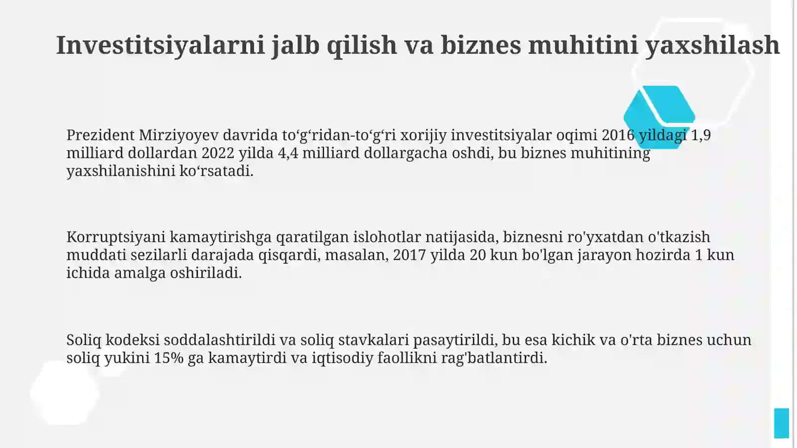 Yangi O'zbekistonda Prezident Shavkat Mirziyoyev rahbarligida amalga oshirilgan islohotlar 3