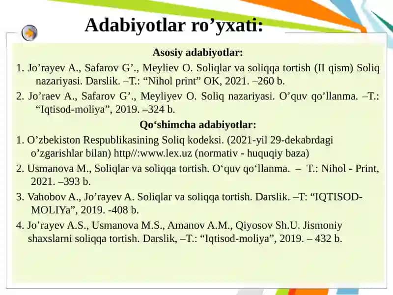 Soliqlar va soliqqa tortish(II qism) Soliq nazariyasi 3