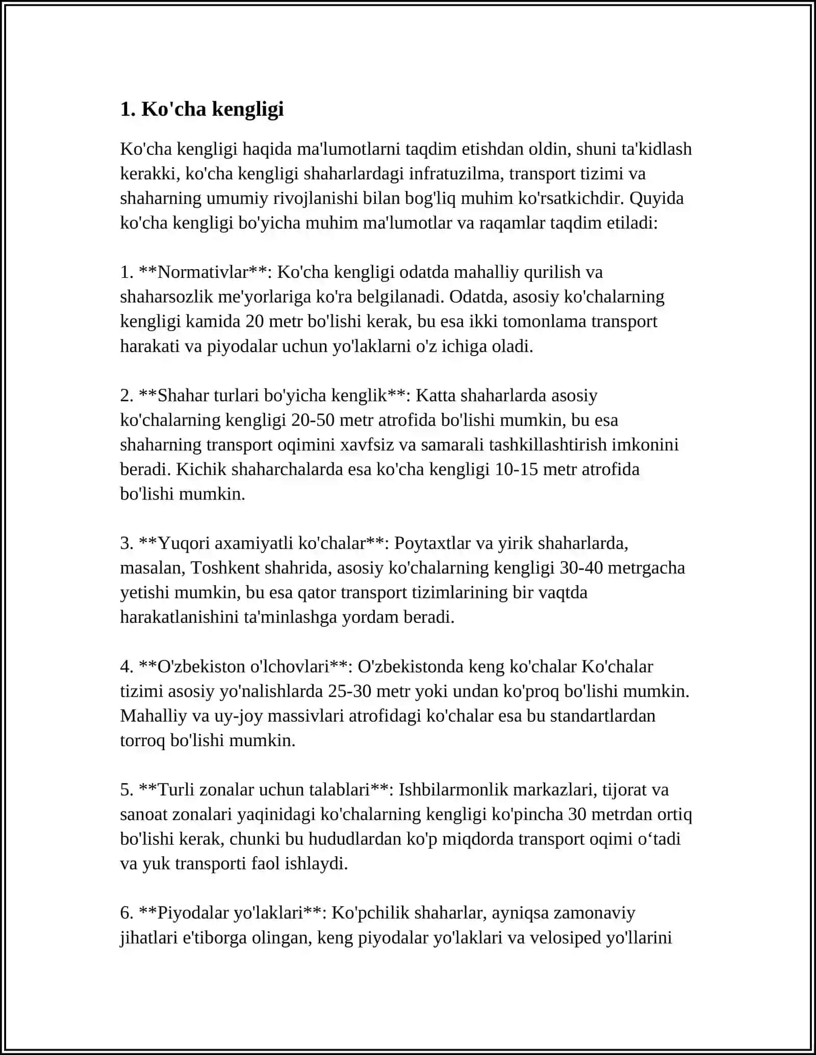 BERILGAN YOʻL (KO'CHA )BO'LAGINI GEOMETRIK ÔLCHAMLARINI ANIQLASH 3