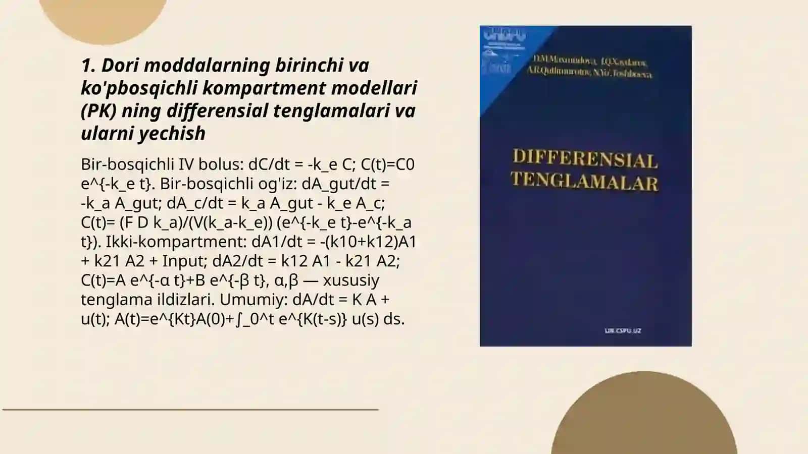 Dori moddalarning birinchi va ko'pbosqichli kompartment modellari (PK) ning differensial tenglamalari va ularni yechish 3