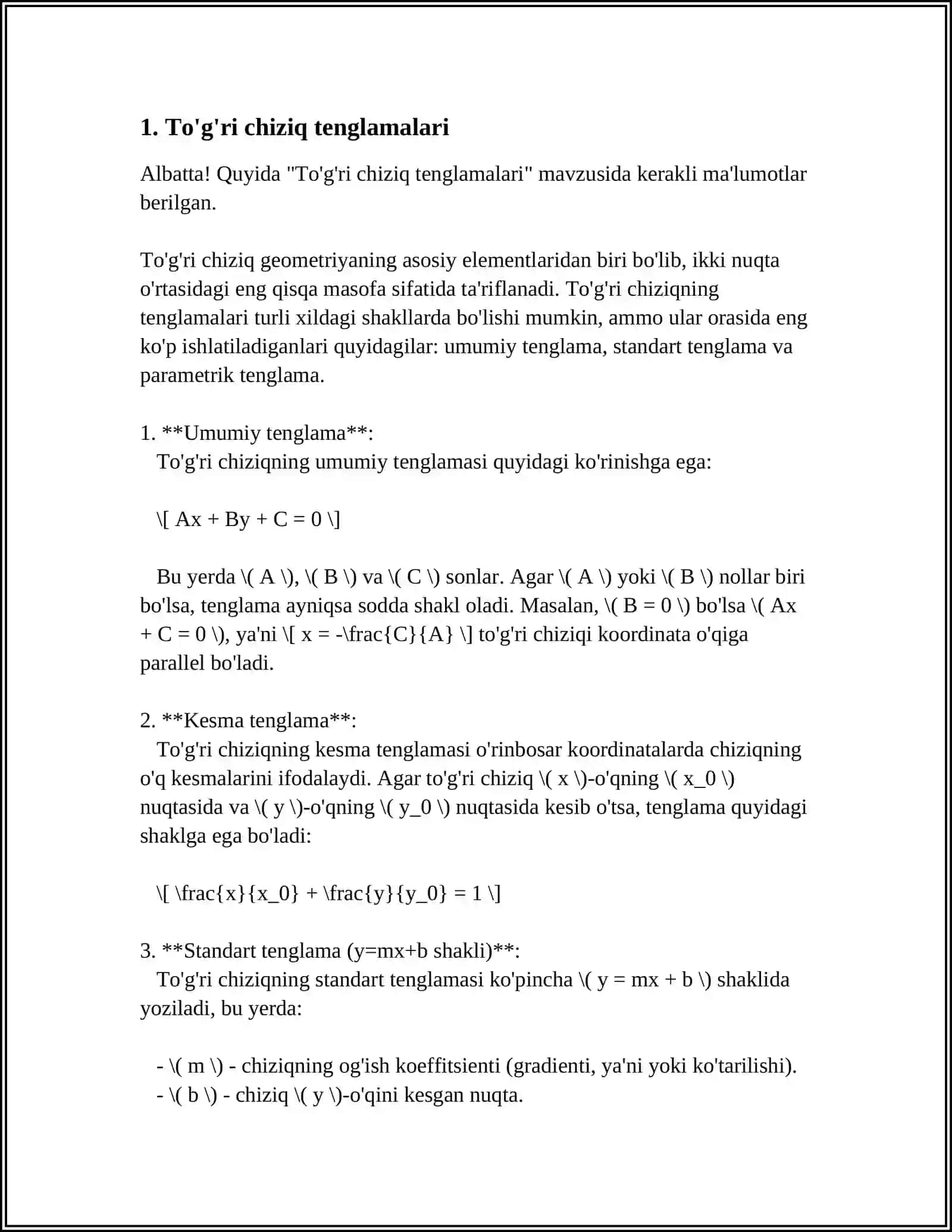 TEKISLIKDA ANALITIK GEOMETRIYANING ASOSIY TUSHUNCHALARIGA DOIR MISOLLAR YECHISH 3