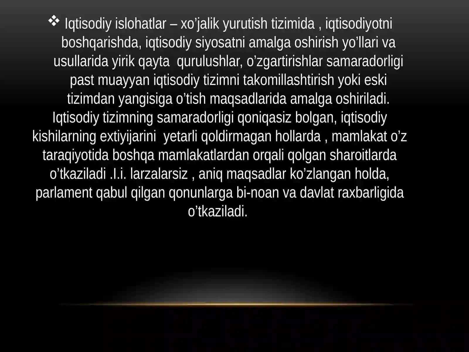 O’zbekistONDA  IQTISODIY   ISLOHATLARNI AMALGA  OSHIRISHDA  TAHSHQI  IQTISODIY  FAOLIYATINI  ERKINLASHTIRISHNING  AHAMIYATI. 3