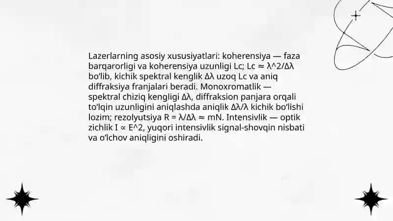 Lazerlar. Difraksion panjara yordamida lazer nurlanishlari to'lqin uzunligini aniqlash 3