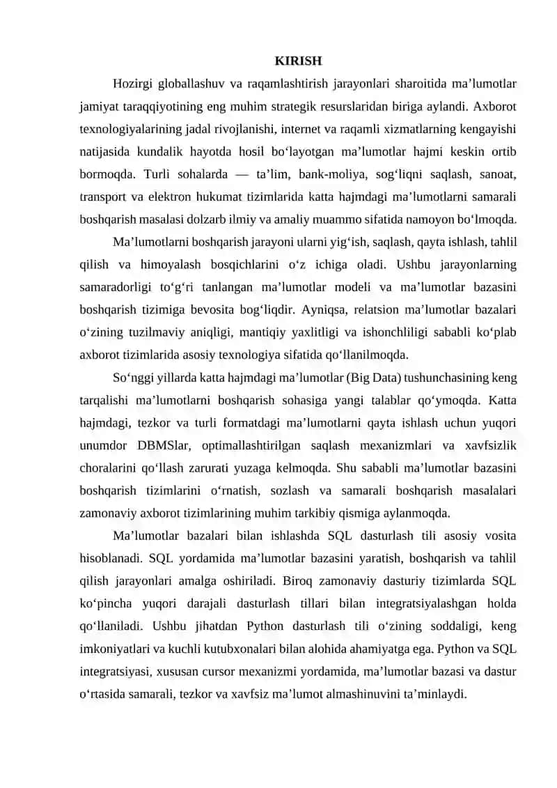 Ma’lumotlarni boshqarish, Relatsion ma’lumotlar bazasi tushunchasi,Katta hajmdagi ma’lumotlarni boshqarish, Ma’lumotlar bazasini boshqarish tizimini (DBMS) o‘rnatish va boshqarish, SQL dasturlash, Python integratsiyasi (Cursor yordamida) 3