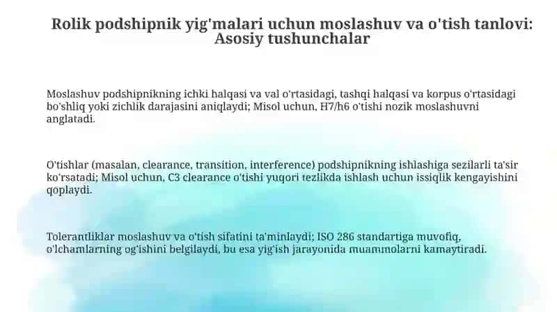 Rolik podshipnik yig'malari uchun moslashuv va o'tish tanlovi: Asosiy tushunchalar 3