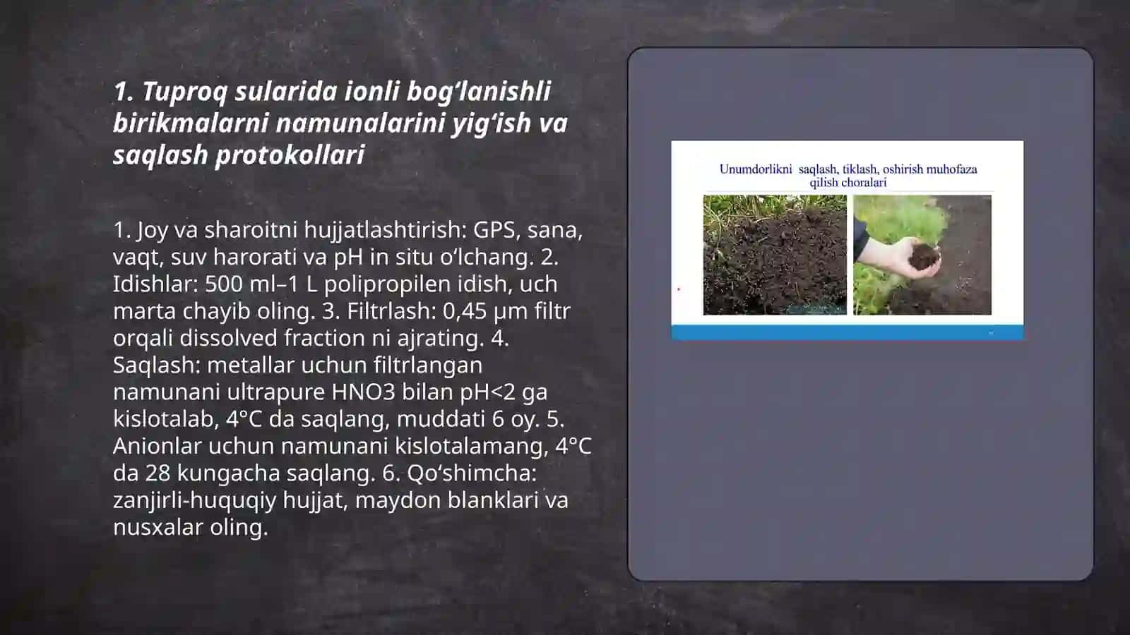 Tuproq suvni ifloslanishida ionli bogʻlanishli birikmalarni aniqlab ulardan tozalash gʻoyasini ishlab chiqish 3