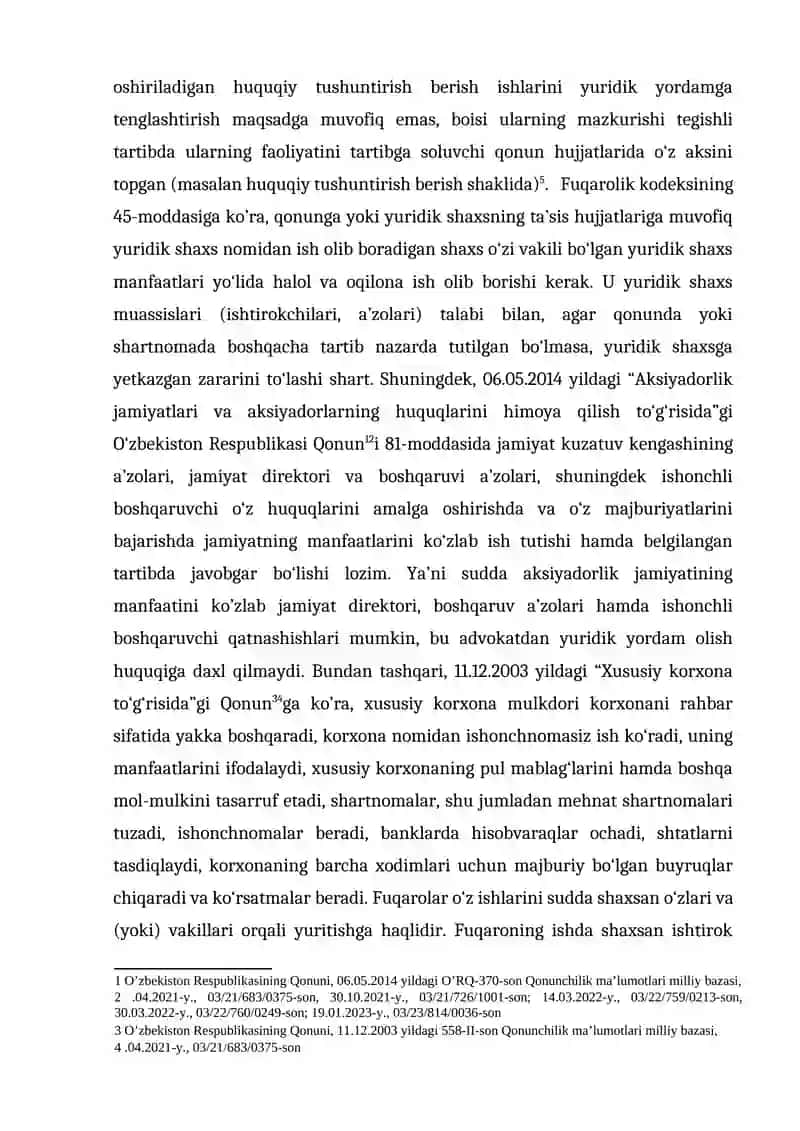 ADVOKATLIK FAOLIYATIDA YURIDIK YORDAM KO‘RSATISH TO‘G‘RISIDAGI SHARTNOMA, GONORAR VA SOLIQQA TORTISH MASALALARI 3