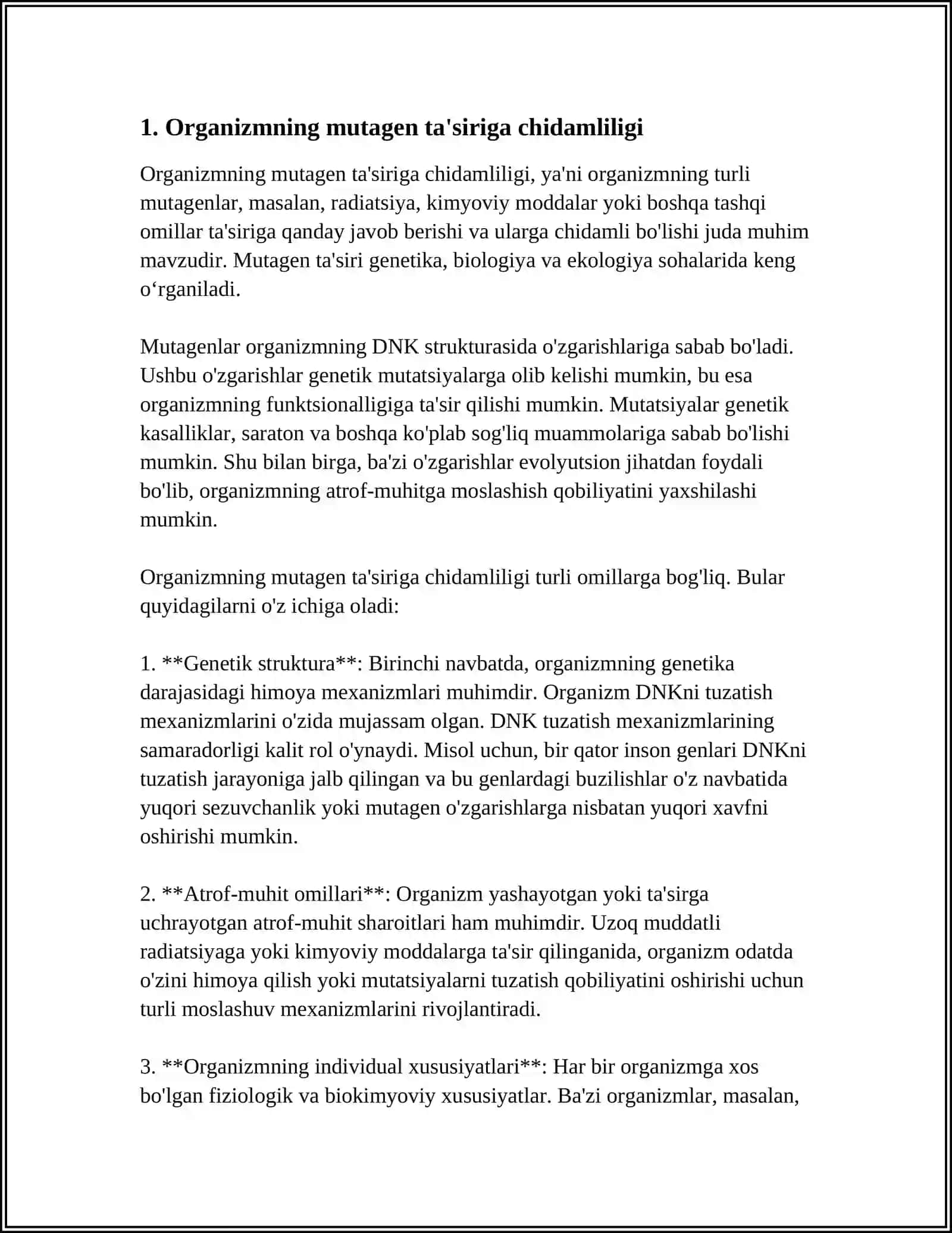 ORGANIZMNING MUTAGEN TA'SIRIGA CHIDAMLILIGI. TOMAS MORGANNING XROMOSOMA NAZARIYASI. JINS GENETIKASI 3