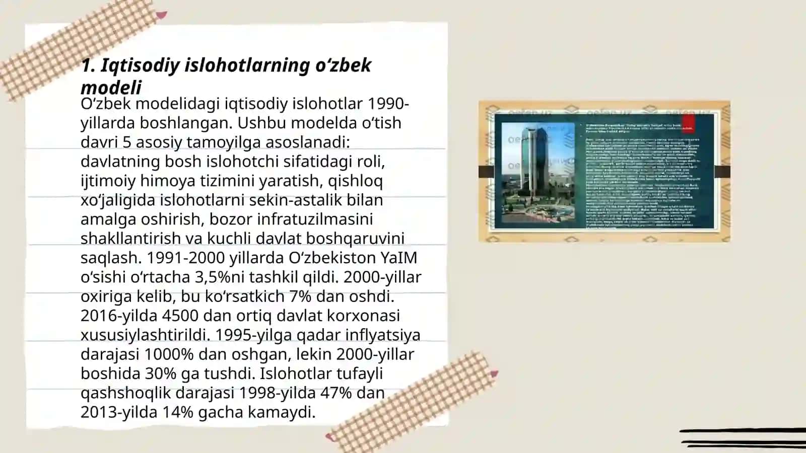Iqtisodiy islohotlar,xususiy mulkvhilikning shakllanishi,ózbekistonda bozor munosabatlarining rivojlanishi 3