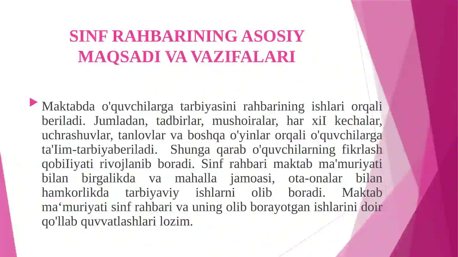 SINF RAHBARI ISHNING MAQSADI VA VAZIFALARI. MAKTABDAGI TARBAYAVIY ISHLAR TIZIMIDA SINF RAHBARINING FAOLIYATINI TASHKIL ETISH METODIKASI 3