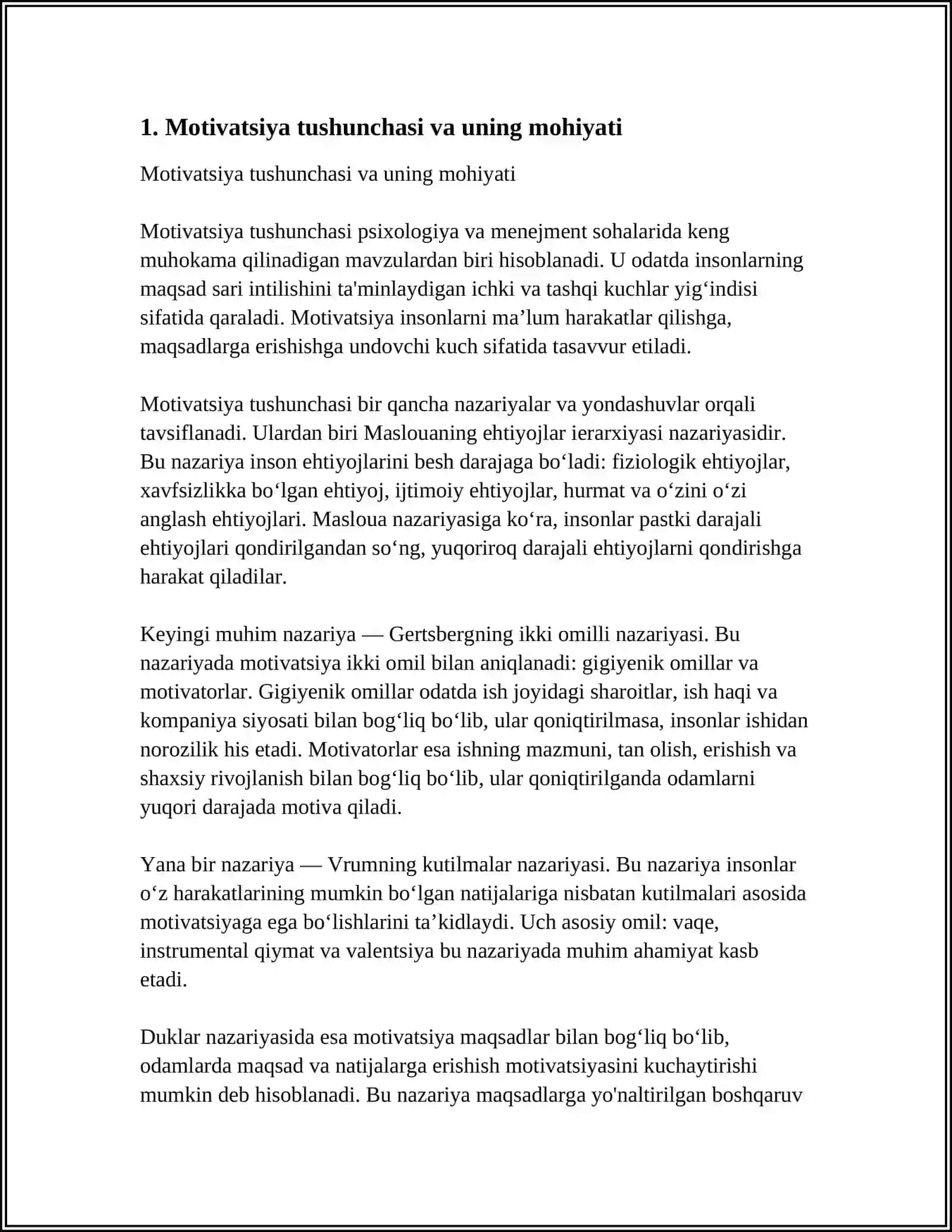 MUSTAQIL ISH Mavzu: FAOLIYAT VA MOTIVATSIYA 3