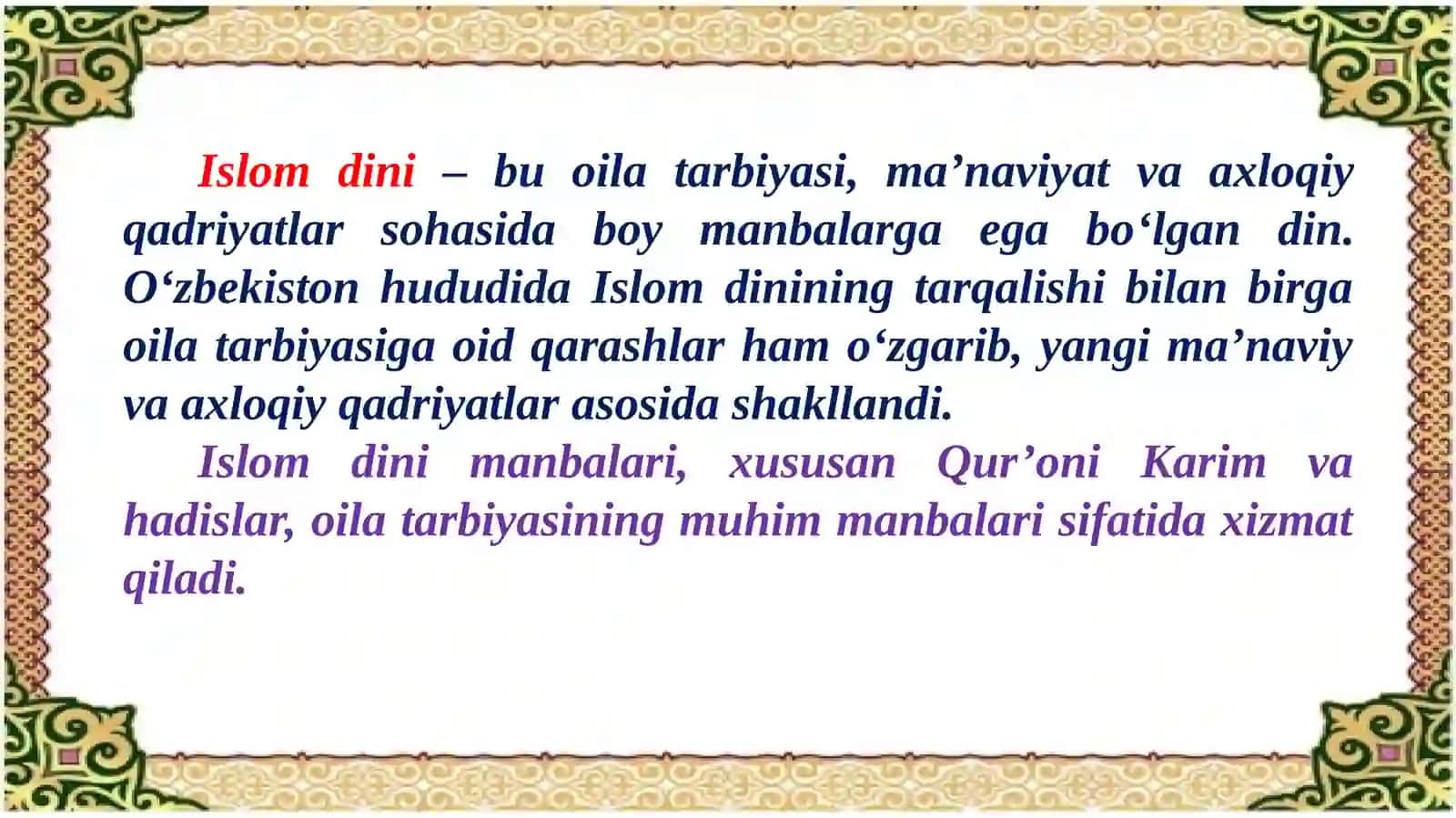 O‘zbekistonda oila tarbiyasiga oid muhim qarashlarda Islom dini manbalarining o‘rni va ahamiyati 3