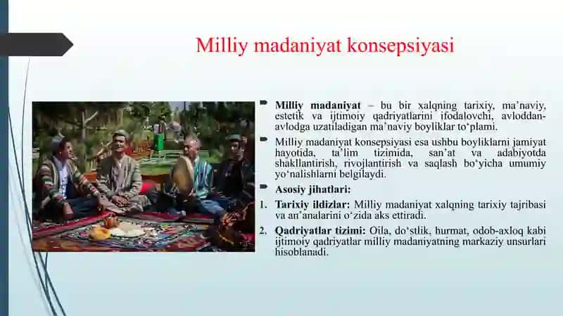 MILLIY MADANIYAT KONSEPSIYASI. MADANIYAT VA SAN’AT TARIXINING ZAMONAVIY TENDENSIYALARI 3