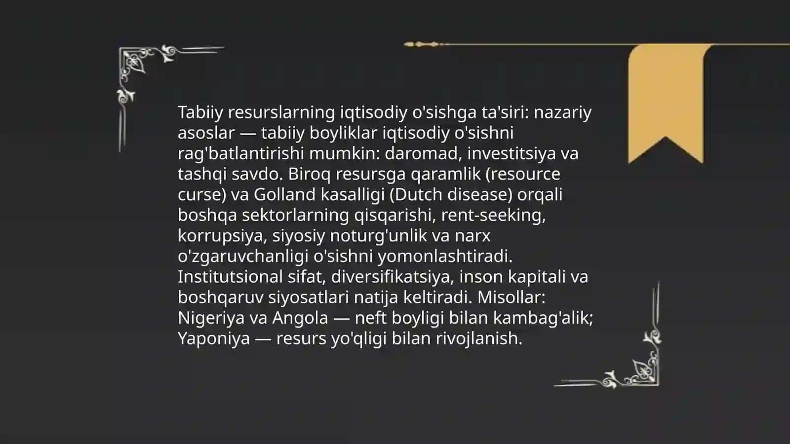 Tabiiy boyliklar: nega ba'zilar rivojlanib, ba'zilar qashshoqlikda botmoqda? (Nigeriya, angola kabi neftga boy ammo kambaģal davlatlar bilan, Yaponiya kabi resurssiz rivojlangan mamlakatlarni taqqoslash) 3