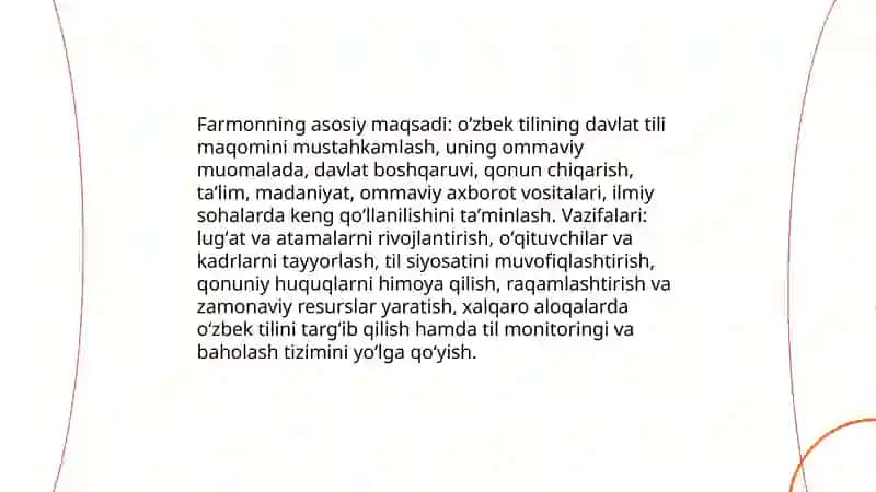 Oʻzbekiston Respublikasi Prezidenti Sh.M.Mirziyoyevning " Oʻzbek tilining davlat tili sifatidagi nufuzi va mavqeyini tubdan oshirish chora-tadbirlari toʻgʻrisida" gi farmoni 3