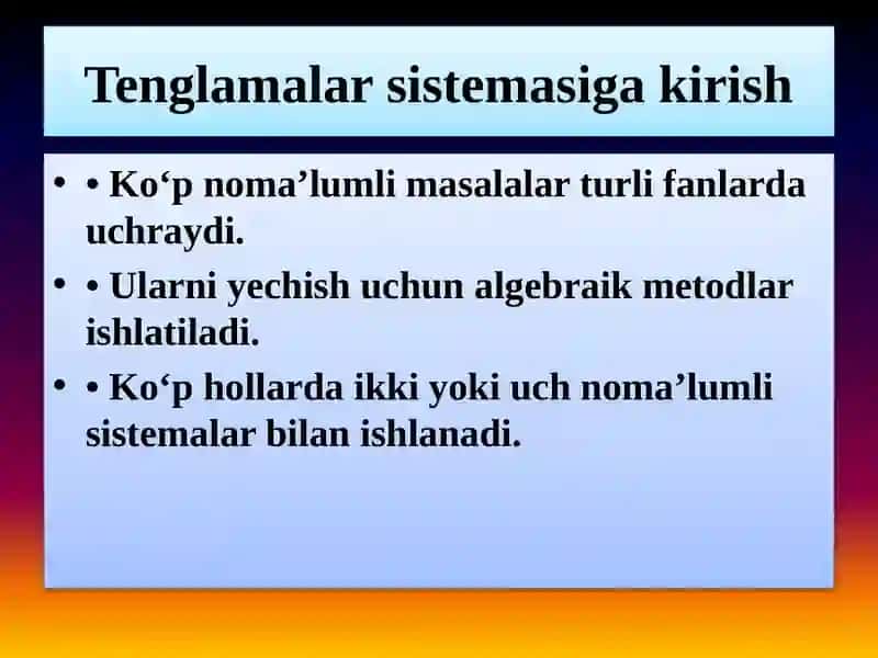 IKKI VA UCH NOMA’LUMLI TENGLAMALAR SISTEMASINIO‘RNIGA QO‘YISH VA QO‘SHISH USULLARI 3