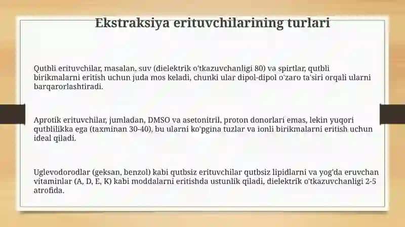 Ekstragirlovchi eritmalar (organik erituvchilar) turlari va xususiyatlari 3