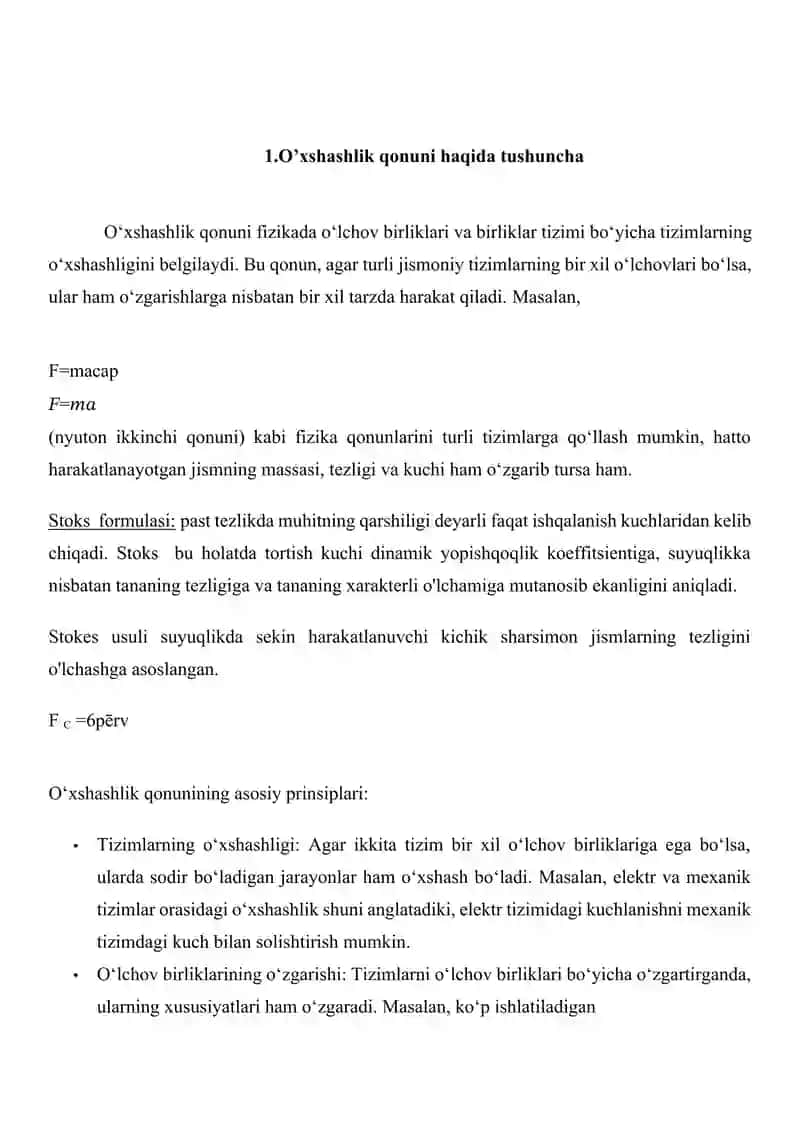 O‘xshashlik qonuni. Stoks formulasi. Gidrodinamik beqarorlik. Turbulent va laminar oqim 3