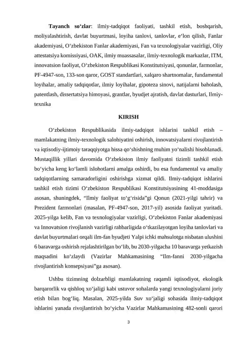 MAVZU: “O’zbekiston Respublikasida ilmiy-tadqiqot ishlarini tashkil etish .” 3