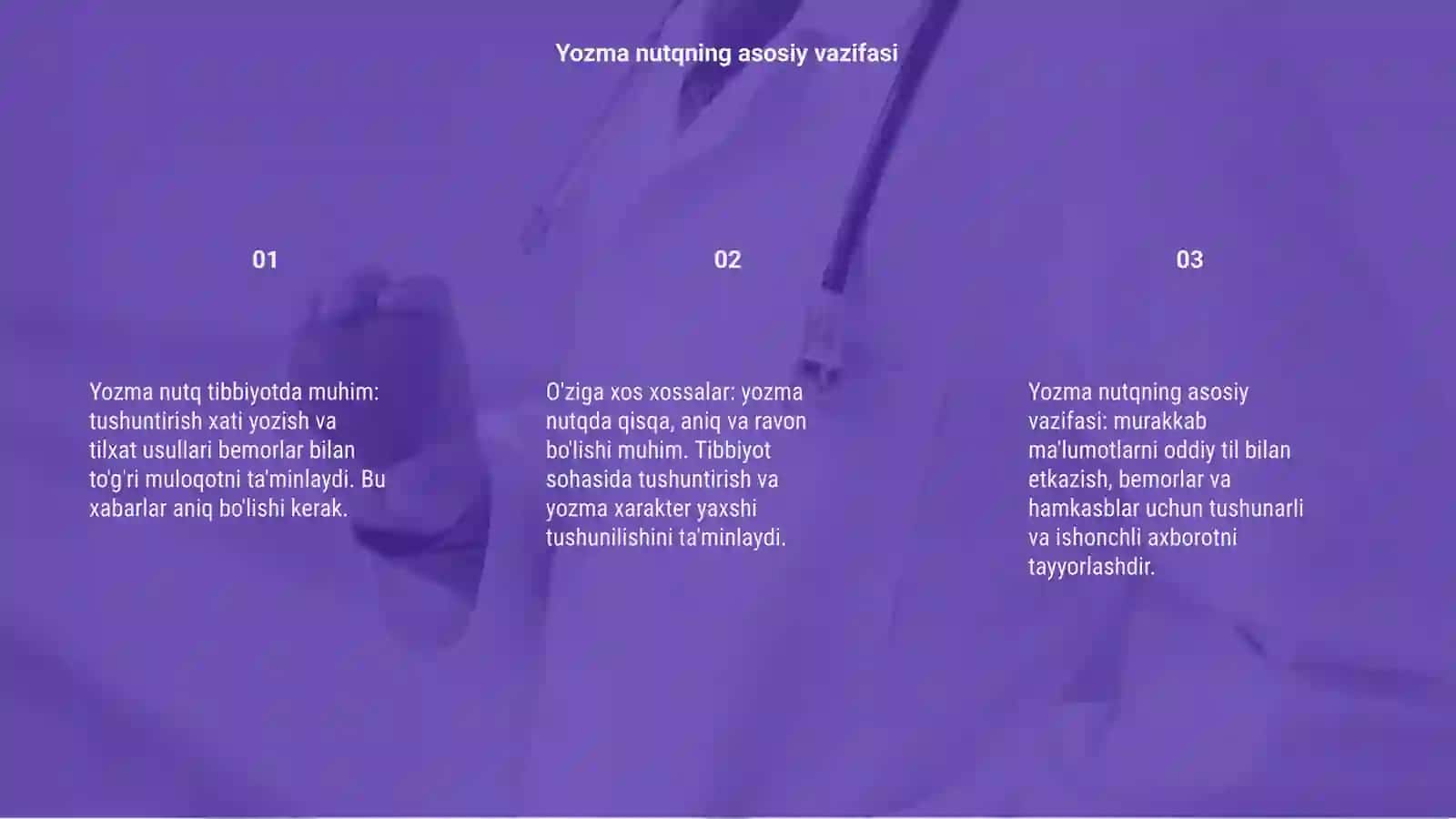 Yozma nutq:Tibbiyotda tilxat,tushuntirish xati yozish usullari,o'ziga xos xossalari 3