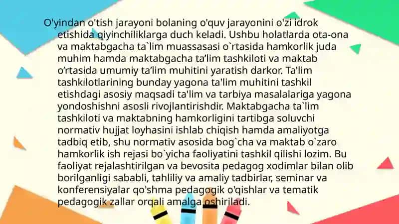 Maktabgacha ta’lim tashkilotining maktab bilan aloqa shakllari 3