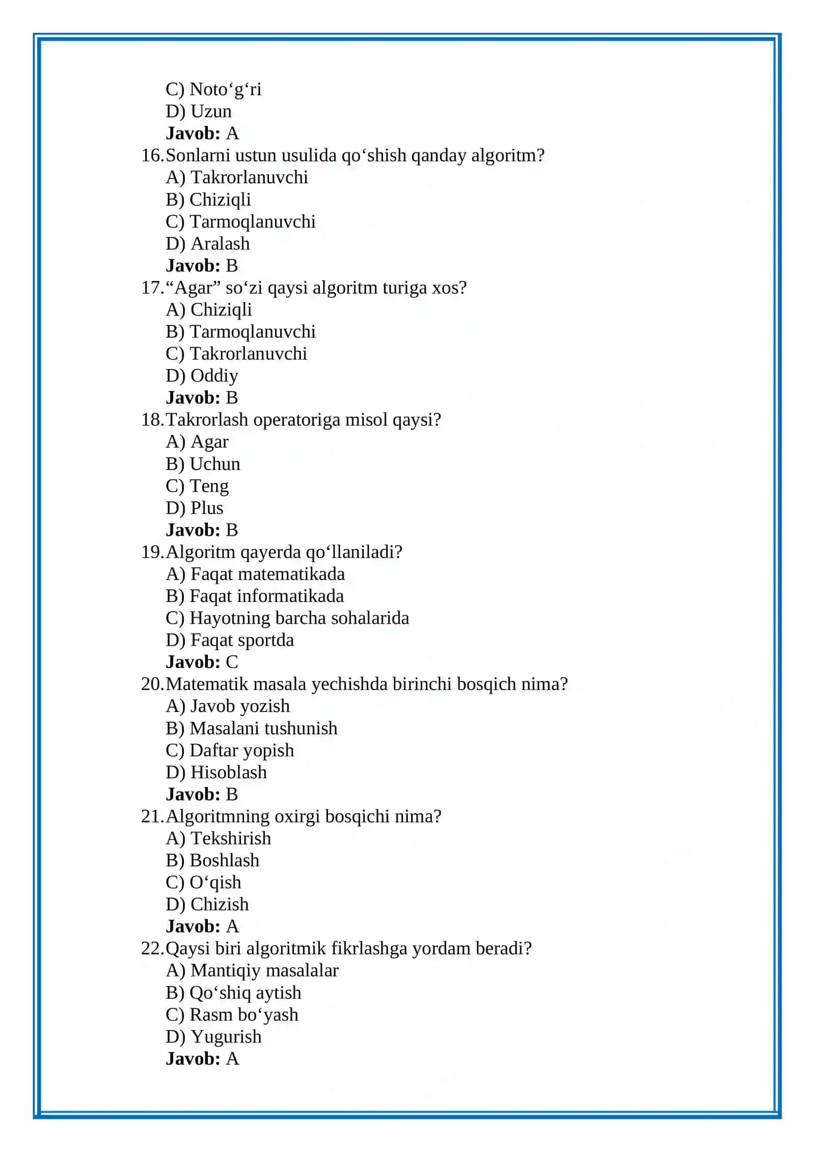 Matematika darslarida algoritmik fikrlashni shakllantirish mavzusiga 50 ta test 3