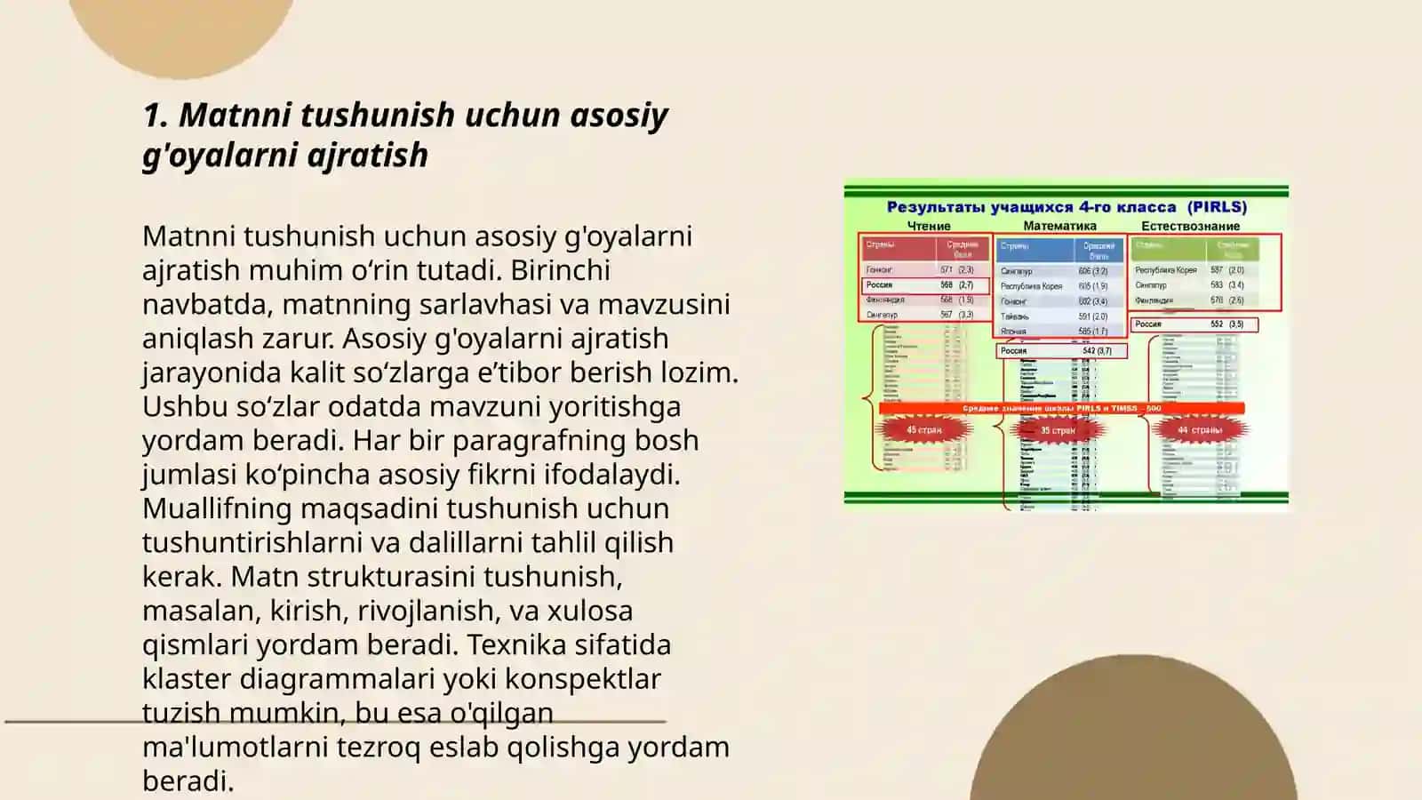 PIRLS topshiriqlarni asosida Ona tili va óqish savaadxonligi darsligida berilgan matini tahlil (1-2-sinif) 3