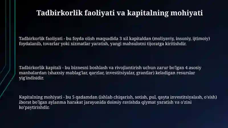 Tadbirkorlik faolyati. Tadbirkorlik kapitali va uning aylanishi 3