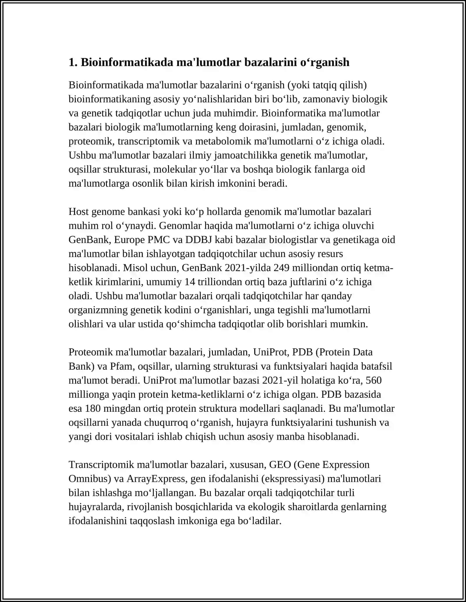 BIOINFORMATIKA VA BIOMEXANIKA FANIDAN. AXBOROT MAYDONINI O’RGANISH MAVZUSIDA MUSTAQIL ISH 3
