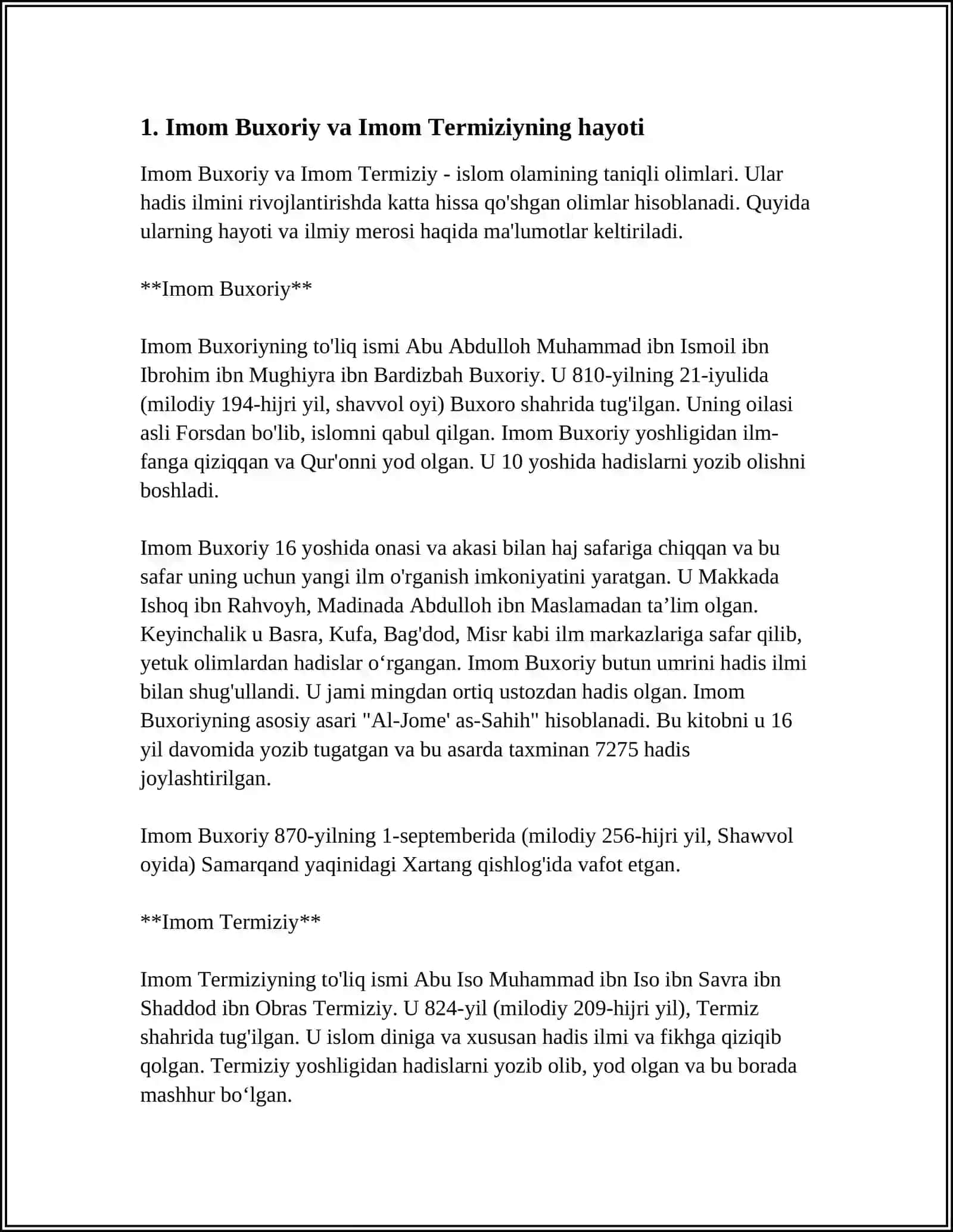"IMOM BUXORIY VA IMOM TERMIZIYNING HADIS ILMIGA QUSHGAN HISSALARINI QIYOSIY TAHLILI" 3