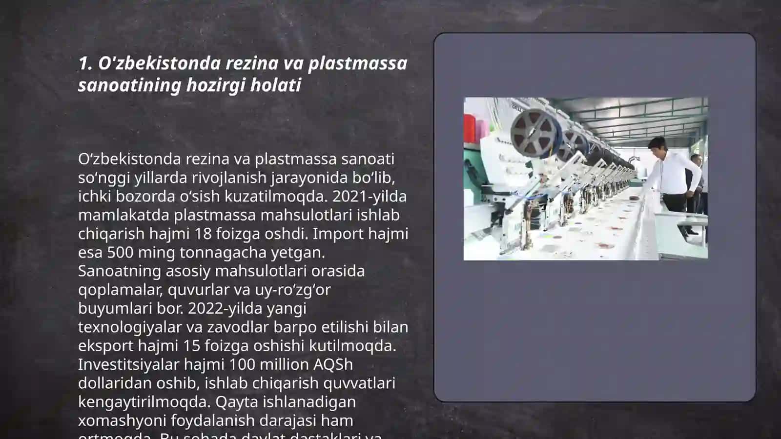 Rezina va plastmassa buyumlar ishlab chiqarishni rivojlantirish va asosiy ko‘rsatkichlari 3