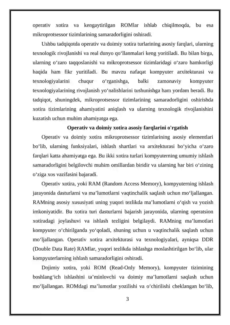 Mikroprotsessor tizimi xotirasi. Operativ va doimiy xotirani taqqoslash.. 3