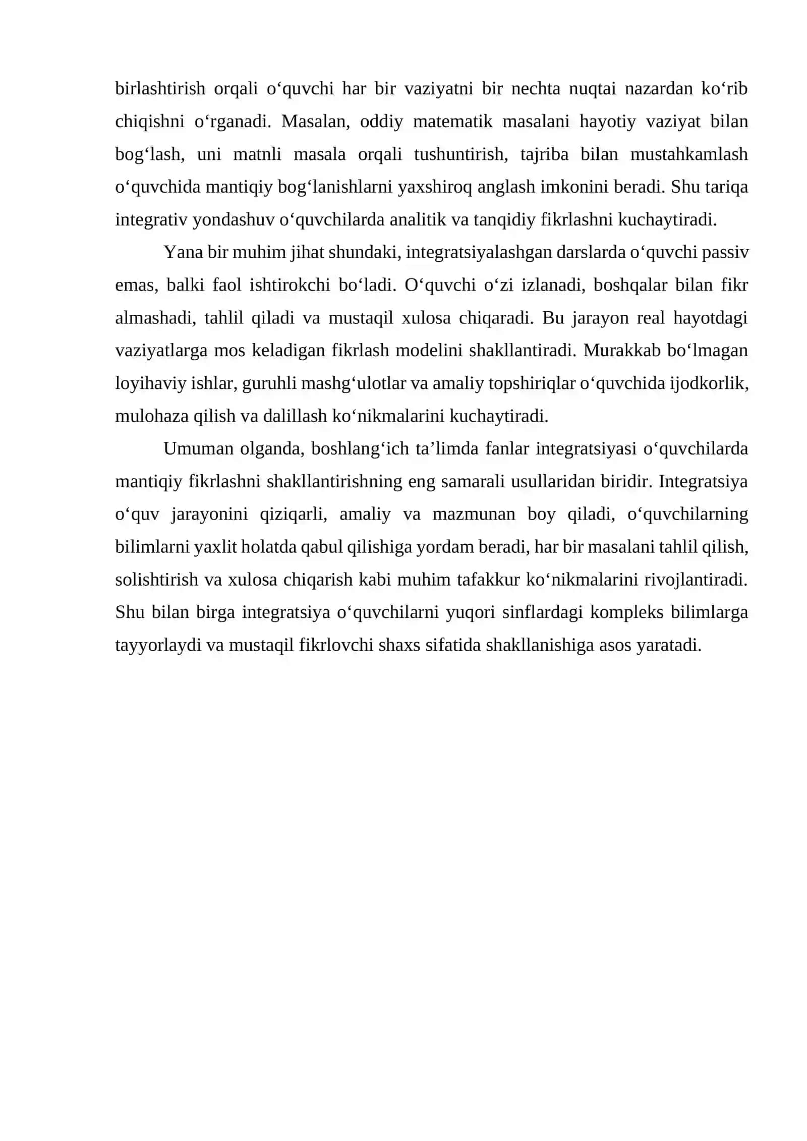 O'QUVCHILARDA MANTIQIY FIKRLASHNI SHAKLLANTIRISHDA BOSHLANG'ICH TA'LIM FANLARI INTEGRASIYASIDAN FOYDALANISH 3