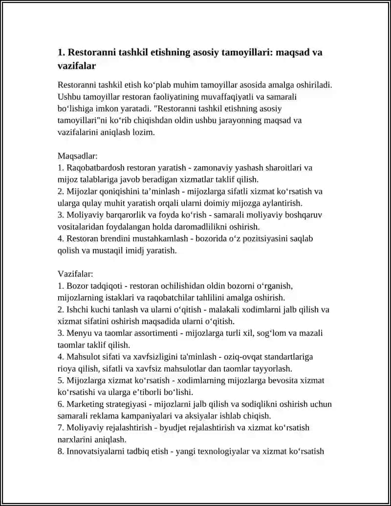 RESTORAN FAOLIYATINI TASHKIL ETISHDA MENEJMENT VA MARKETING MAVZUSIGA PREZENTATSIYA QILIB BER 3