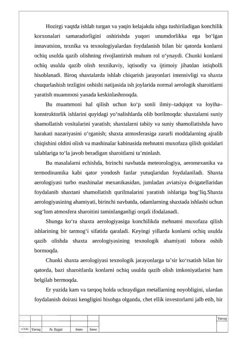 diplom ishi ko'chbuloq shaxta sharoitida suvni yer yuzasiga chiqarish qurilmalari va shamollatishni hisoblash 3