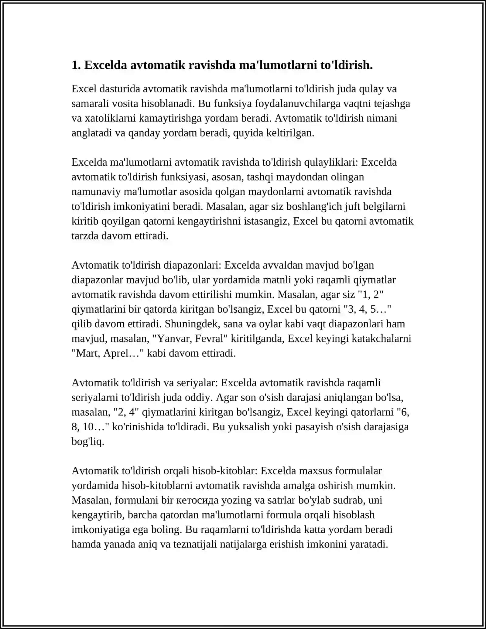 EXCEL DASTURIDA AVTOTO’LDIRISHLAR VA AVTOHISOBLASHLAR. DIAGRAMMALAR YARATISH 3